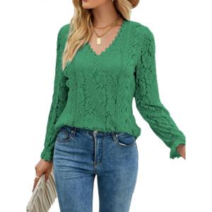imageLYANER Womens Elegant Lace V Neck Lined Long Sleeve Tunic Blouse Shirt TopGreen