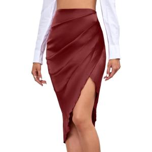imageLYANER Womens Satin Skily Asymmetrical Split Slit Ruched Hight Waist Bodycon Midi SkirtBurgundy