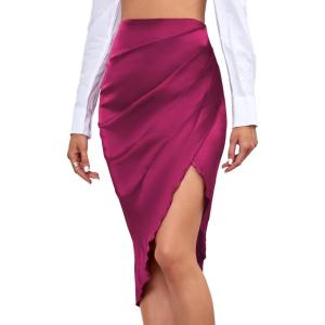 imageLYANER Womens Satin Skily Asymmetrical Split Slit Ruched Hight Waist Bodycon Midi SkirtDark Purple