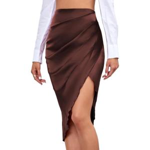 imageLYANER Womens Satin Skily Asymmetrical Split Slit Ruched Hight Waist Bodycon Midi SkirtDusty Brown
