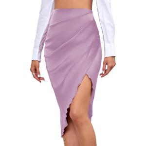 imageLYANER Womens Satin Skily Asymmetrical Split Slit Ruched Hight Waist Bodycon Midi SkirtLight Purple