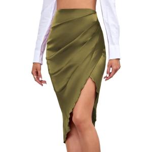 imageLYANER Womens Satin Skily Asymmetrical Split Slit Ruched Hight Waist Bodycon Midi SkirtOlive Green