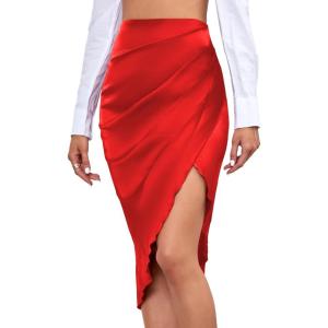 imageLYANER Womens Satin Skily Asymmetrical Split Slit Ruched Hight Waist Bodycon Midi SkirtRed