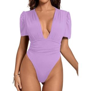 imageLYANER Womens Sexy Plunging V Neck Ruched Pleated Puff Short Sleeve Bodysuit Leotard TopLight Purple