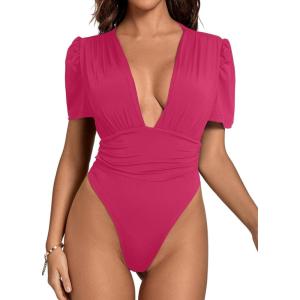 imageLYANER Womens Sexy Plunging V Neck Ruched Pleated Puff Short Sleeve Bodysuit Leotard TopRose Red