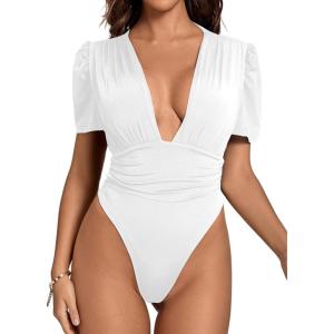 imageLYANER Womens Sexy Plunging V Neck Ruched Pleated Puff Short Sleeve Bodysuit Leotard TopWhite