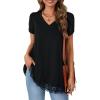 imageLYANER Womens Casual V Neck Lace Hem Short Sleeve Flowy Blouse Tunic TShirt Tee TopBlack