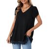 imageLYANER Womens Casual V Neck Lace Hem Short Sleeve Flowy Blouse Tunic TShirt Tee TopBlack