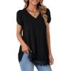 imageLYANER Womens Casual V Neck Lace Hem Short Sleeve Flowy Blouse Tunic TShirt Tee TopBlack