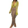 imageLYANER Womens Fringed Side Tassels Elastic Waist Slim Bodycon Pencil Maxi SkirtsSolid Khaki