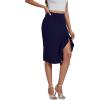 imageLYANER Womens High Waist Stretchy Ruffle Trim Slit Split Asymmetrical Bodycon Midi SkirtNavy Blue