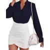 imageLYANER Womens Ruffle V Neck Solid Long Sleeve Chiffon Blouse Shirt TopDark Blue