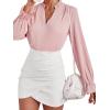 imageLYANER Womens Ruffle V Neck Solid Long Sleeve Chiffon Blouse Shirt TopPink