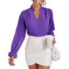 imageLYANER Womens Ruffle V Neck Solid Long Sleeve Chiffon Blouse Shirt TopPurple