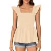 imageLYANER Womens Square Neck Ruffle Cap Sleeve Smocked Peplum Top Babydoll Shirred Blouse Cami TankBeige