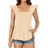 imageLYANER Womens Square Neck Ruffle Cap Sleeve Smocked Peplum Top Babydoll Shirred Blouse Cami TankBeige