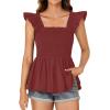 imageLYANER Womens Square Neck Ruffle Cap Sleeve Smocked Peplum Top Babydoll Shirred Blouse Cami TankBurgundy
