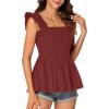 imageLYANER Womens Square Neck Ruffle Cap Sleeve Smocked Peplum Top Babydoll Shirred Blouse Cami TankBurgundy