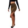 imageLYANER Womens Velvet Ruched Side Split Hem High Waist Bodydon Midi Pencil SkirtKhaki