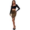 imageLYANER Womens Velvet Ruched Side Split Hem High Waist Bodydon Midi Pencil SkirtKhaki