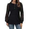 imageLYANER Womens Waffle Knit Fall Blouse Lace Lantern Sleeves Button Dressy Business Casual Shirt Tunic TopsBlack