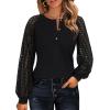 imageLYANER Womens Waffle Knit Fall Blouse Lace Lantern Sleeves Button Dressy Business Casual Shirt Tunic TopsBlack