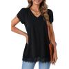 imageLYANER Womens Casual V Neck Lace Hem Short Sleeve Flowy Blouse Tunic TShirt Tee TopBlack