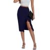 imageLYANER Womens High Waist Stretchy Ruffle Trim Slit Split Asymmetrical Bodycon Midi SkirtNavy Blue