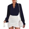 imageLYANER Womens Ruffle V Neck Solid Long Sleeve Chiffon Blouse Shirt TopDark Blue