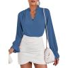 imageLYANER Womens Ruffle V Neck Solid Long Sleeve Chiffon Blouse Shirt TopDusty Blue