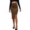 imageLYANER Womens Velvet Ruched Side Split Hem High Waist Bodydon Midi Pencil SkirtKhaki