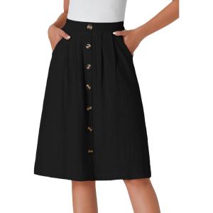 imageLYANER Womens Button Front Hight Waist Aline Loose Midi Skirt with Side PocketSolid Black