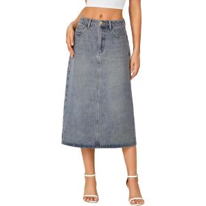 imageLYANER Womens Casual High Waist Jean Skirt Back Slit Midi Denim Skirt with PocketsBlue