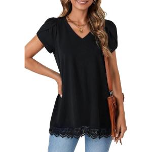 imageLYANER Womens Casual V Neck Lace Hem Short Sleeve Flowy Blouse Tunic TShirt Tee TopBlack
