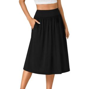 imageLYANER Womens Elastic High Waist Knee Length Aline Hem Basic Casual Midi Skirt with PocketsBlack