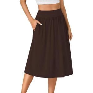 imageLYANER Womens Elastic High Waist Knee Length Aline Hem Basic Casual Midi Skirt with PocketsBrown