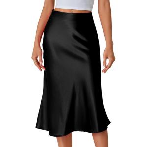 imageLYANER Womens Elegant Satin Silky Skirt High Waist Flared Zipper A Line Midi SkirtsBlack