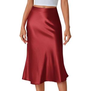 imageLYANER Womens Elegant Satin Silky Skirt High Waist Flared Zipper A Line Midi SkirtsBurgundy