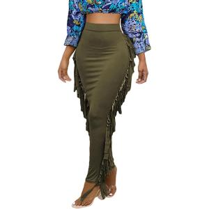 imageLYANER Womens Fringed Side Tassels Elastic Waist Slim Bodycon Pencil Maxi SkirtsArmy Green