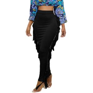 imageLYANER Womens Fringed Side Tassels Elastic Waist Slim Bodycon Pencil Maxi SkirtsBlack