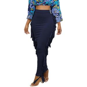 imageLYANER Womens Fringed Side Tassels Elastic Waist Slim Bodycon Pencil Maxi SkirtsDark Blue