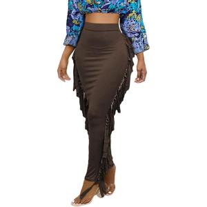 imageLYANER Womens Fringed Side Tassels Elastic Waist Slim Bodycon Pencil Maxi SkirtsDark Brown