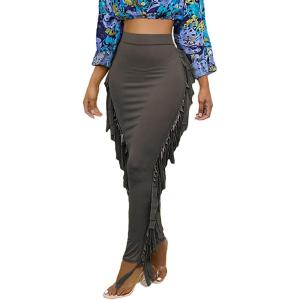 imageLYANER Womens Fringed Side Tassels Elastic Waist Slim Bodycon Pencil Maxi SkirtsDark Gray