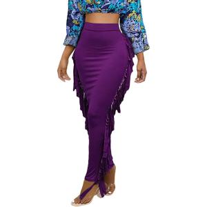 imageLYANER Womens Fringed Side Tassels Elastic Waist Slim Bodycon Pencil Maxi SkirtsDark Purple