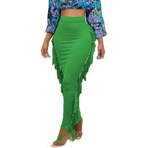 imageLYANER Womens Fringed Side Tassels Elastic Waist Slim Bodycon Pencil Maxi SkirtsGrass Green