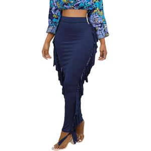 imageLYANER Womens Fringed Side Tassels Elastic Waist Slim Bodycon Pencil Maxi SkirtsNavy Blue