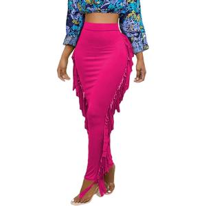 imageLYANER Womens Fringed Side Tassels Elastic Waist Slim Bodycon Pencil Maxi SkirtsRose