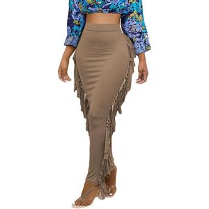 imageLYANER Womens Fringed Side Tassels Elastic Waist Slim Bodycon Pencil Maxi SkirtsSolid Khaki