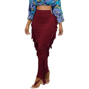 imageLYANER Womens Fringed Side Tassels Elastic Waist Slim Bodycon Pencil Maxi SkirtsWine Red
