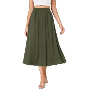 imageLYANER Womens High Elastic Waist Pleated Flare A Line Midi Skirt with PocketsArmy Green
